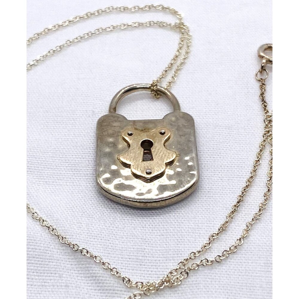 Tiffany & Co Sterling Silver 925 18K 750 Hammered Lock Necklace 16"